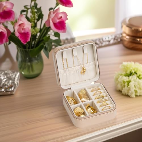 VLANDO Small Travel Jewelry Box Organizer Display Case for Girls Women Gift Rings Earrings Necklaces Storage, Latte - color: Latte