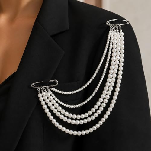 Pearl Pin Brooch for Women Men Vintage Multi Layer Faux Beaded Shoulder Jewelry U Shaped Lapel Chain Accessory Gift