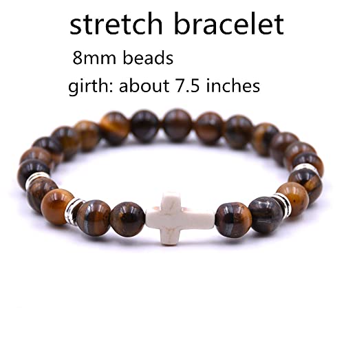 Beaded Bracelets Cross Bracelet for Women Men Lava Rock Turquoise Tiger Eye Natural Bracelet Anxiety Healing - color: 6 Pcs- white cross