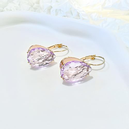 14K Gold Teardrop Crystal Leverback Earrings Sparkly Rhinestone Water Droplet Dangle Drop Earrings For Women - color: Light Purple