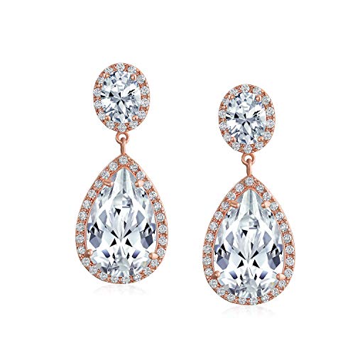 Bling Jewelry Large Teardrop Cubic Zirconia Pave CZ Halo Statement Dangle Clip On Earrings For Women Gold Silver Plated Brass - color: Rose