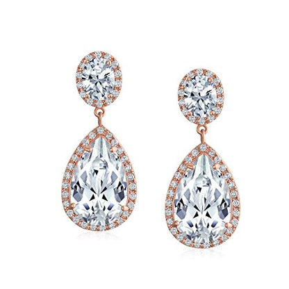Bling Jewelry Large Teardrop Cubic Zirconia Pave CZ Halo Statement Dangle Clip On Earrings For Women Gold Silver Plated Brass - color: Rose
