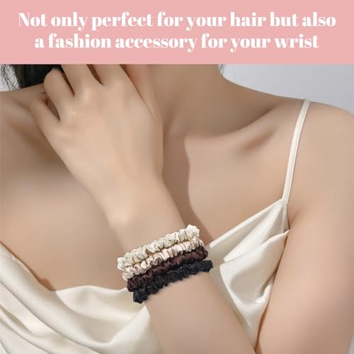 Scrunchies Hair Ties Silk Satin Scrunchy, WantGor Women 4PC Hair Bands | Pure Mulberry Silk Skinny Elastic Scrunchies Bracelets Ponytail Holders Hair Accessories (Black,Brown,Champagne,Apricot) - color: Black,Brown,Champagne,Apricot