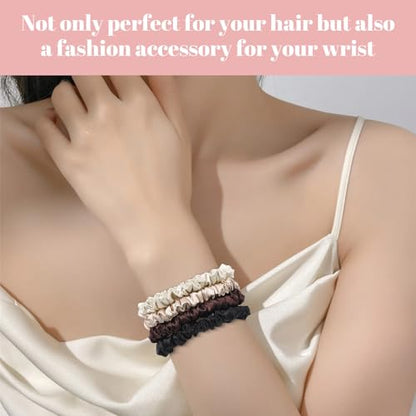 Scrunchies Hair Ties Silk Satin Scrunchy, WantGor Women 4PC Hair Bands | Pure Mulberry Silk Skinny Elastic Scrunchies Bracelets Ponytail Holders Hair Accessories (Black,Brown,Champagne,Apricot) - color: Black,Brown,Champagne,Apricot