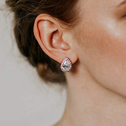 SWEETV Teardrop Bridal Wedding Earrings for Brides, Women | Elegant Pear shaped Cubic Zirconia Stud Earrings, Teardrop Bridal Jewelry, for Prom, Bridesmaid Gifts and Formal Wear - color: 1.Rose Gold