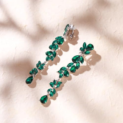 Crysdue Clip On Earrings for Women Rhinestone Crystal Teardrop Cluster Wedding Bridal Non Pierced Long Dangle Earring for Prom Party - color: Green Silver-Tone