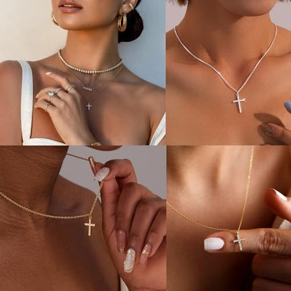 Poxtex Cross Necklace for Women Teen Girls, Dainty 14K Gold Silver Plated Cross Choker Jewelry Non Tarnish Waterproof Cute Simple Small Necklace Christian Baptism Religious Faith Jewelry Gifts - color: 04 Simple Cross CZ