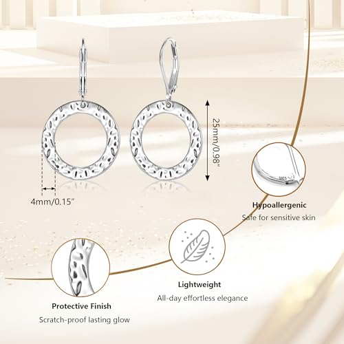 ALEXCRAFT Gold Hammered Double Circle Leverback Dangle Earrings | Hypoallergenic, Drop Handmade, Hammered Round, Minimalist Boho - color: C-Silver