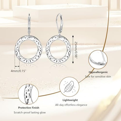 ALEXCRAFT Gold Hammered Double Circle Leverback Dangle Earrings | Hypoallergenic, Drop Handmade, Hammered Round, Minimalist Boho - color: C-Silver