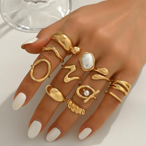 Airvess Gold Knuckle Rings for Women Trendy, Vintage Stackable Rings 14k Gold Plated Rings Sets Dainty Joint Finger Midi Ring Cute Rings Pack Festival Jewelry Gift - style: Chunky - 10Pcs