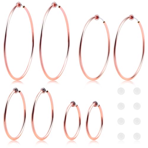 4 Pairs Clip On Hoop Earrings Brass Circle Fake Hoop Spring Earring Clips and 4 Pairs Anti-Pain Earring Pads for Women Non-Pierced Ears, 4 Sizes - color: Gold