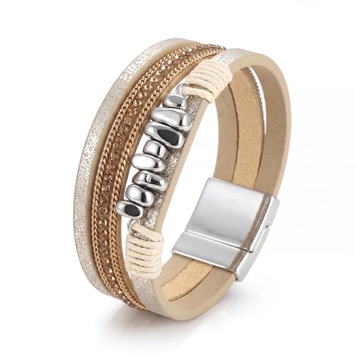 Edoneery Leather Wrap Bracelets for Women, Boho Layered Cuff Bangle | Multi-layer Leather Cuff, Daily wear, Stackable Bangle, Easy on-off, Western Jewelry Gifts for Women - color: Beige-2