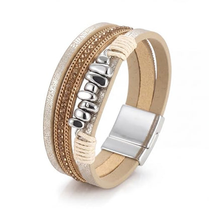 Edoneery Leather Wrap Bracelets for Women, Boho Layered Cuff Bangle | Multi-layer Leather Cuff, Daily wear, Stackable Bangle, Easy on-off, Western Jewelry Gifts for Women - color: Beige-2