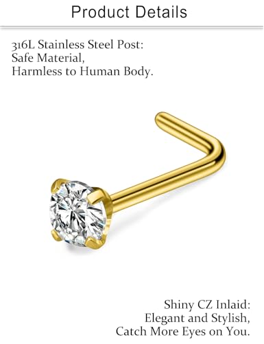 Cisyozi 18G Nose Rings Studs Hypoallergenic Nose Piercings 316L Surgical Steel Silver Nose Rings Set L Shaped Nose Nostril Piercing Jewelry for Women Men Diamond CZ 1.5mm 2mm 2.5mm 3mm 3.5mm 4mm - color: 18G - Gold - CZ 1.5mm 2mm 2.5mm 3mm 3.5mm 4mm