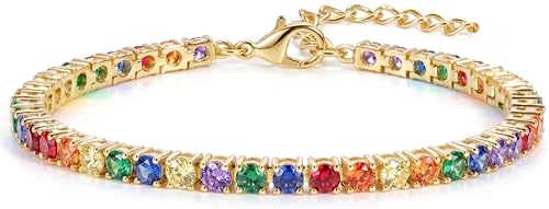 925 Sterling Silver Bracelets for Women Stack, Trendy Tennis Bangle Cuff Jewelry Set 14K Gold Plated, Adjustable Bracelet Set for Wrist Essentials, Women Fashion Watch Band Acecessories - style: SZ-TENNIS-rainbow4mm-gold