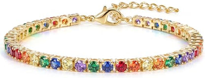 925 Sterling Silver Bracelets for Women Stack, Trendy Tennis Bangle Cuff Jewelry Set 14K Gold Plated, Adjustable Bracelet Set for Wrist Essentials, Women Fashion Watch Band Acecessories - style: SZ-TENNIS-rainbow4mm-gold
