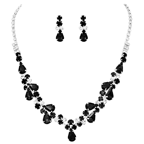 Rosemarie Collections Women's Stunning Rhinestone Crystal Teardrop Statement Necklace Hypoallergenic Drop Earrings Set, 15"+6" Extender - color: Jet Black Silver Tone