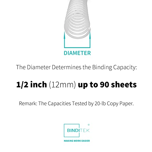 Binditek Plastic Spiral Binding Coils, 12 mm, 4:1 Pitch, White, 50 Pack | Coil Binding Spines, 1/2", 90 Sheet Capacity, 48 Loops, for Letter-Size Reports, Presentations, School and Office Projects - size: 12mm, style: 50P , White
