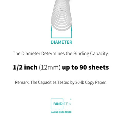 Binditek Plastic Spiral Binding Coils, 12 mm, 4:1 Pitch, White, 50 Pack | Coil Binding Spines, 1/2", 90 Sheet Capacity, 48 Loops, for Letter-Size Reports, Presentations, School and Office Projects - size: 12mm, style: 50P , White