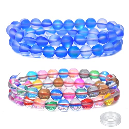 Crystal Beaded Bracelets Set, 4 Piece Gemstone Stretch Bracelets, Rose Quartz, Agate,Jasper, Tiger Eye and Multicolor Glass Beads with String - style: Type 1(Blue+S.Mixcolor Mystic)