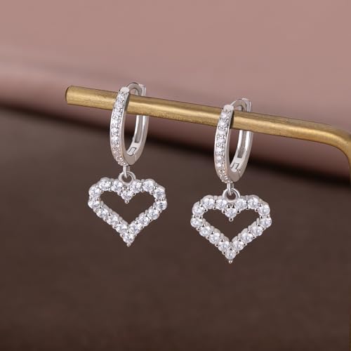 SLUYNZ 925 Sterling Silver CZ Sweet Love Hoop Earrings for Women Teens Hollow Heart Huggie Earrings Drop - color: A-SILVER