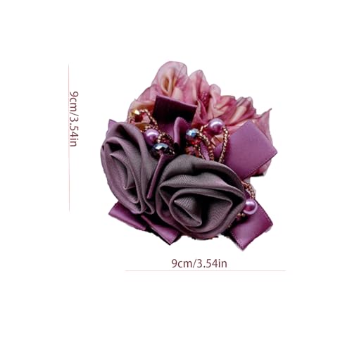 Satin Hair Scrunchie with Rose Flower, Brown and Gold, Pearl Beads, Ribbon Bow, Hair Tie Accessory, 9cm (purple) - color: purple