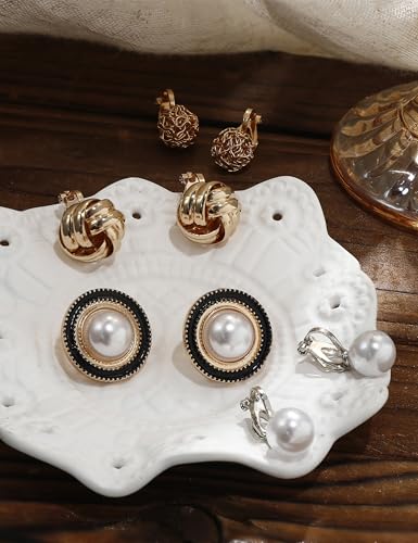 FIBO STEEL 10 Pairs Clip Earrings for Women Clip On Earrings for Non Pierced CZ Flower Simulated Freshwater Pearl Twist Knot Clip Earrings Sets Gold Silver Tone