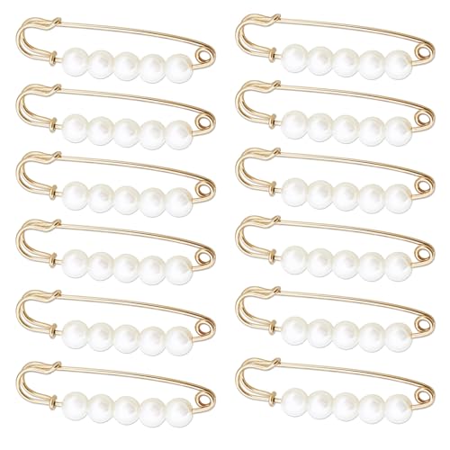 12 Pcs Safety Pins for Clothes, Faux Pearl Brooch Pins, Brooch Pins for Women Fashion, Charms for Socks, Decorative Sweater Shawl Clip, Small Dress Pins, Hijab Pins, Waist Pants Safety Pins, White