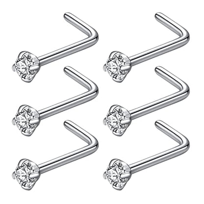 316L Surgical Steel 22g/20g/18g Nose Rings Studs L-Shape Nose Nostrial Piercing Body Jewerly L Shaped Nose Studs 1.5mm 2mm 2.5mm 3mm CZ Nose Screw Studs Rings for Women - style: 6pcs/L-shape/18g/2.0mm Clear CZ/Silver