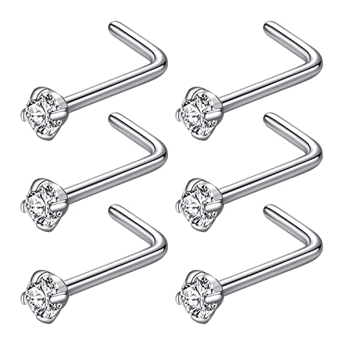 316L Surgical Steel 22g/20g/18g Nose Rings Studs L-Shape Nose Nostrial Piercing Body Jewerly L Shaped Nose Studs 1.5mm 2mm 2.5mm 3mm CZ Nose Screw Studs Rings for Women - style: 6pcs/L-shape/18g/2.0mm Clear CZ/Silver