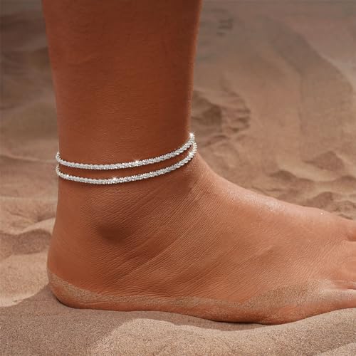 Gold/Silver Ankle Bracelets for Women,14K Gold Anklets for Women Waterproof Sparkly Chain Rhinestone Anklets Set Stackable Layered Anklet Bracelets for Women Beach Gold Jewelry Gift - style: Sparkly SL
