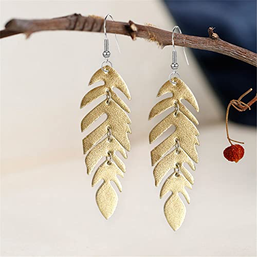 Handmade Unique Lightweight Bohemian Genuine Leather Leaf Dangle Drop Earrings Dainty Sparkly Chain Feather Hook Earring for Women Statement - color: Gold