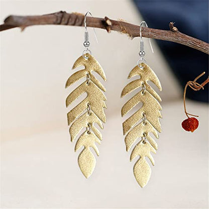 Handmade Unique Lightweight Bohemian Genuine Leather Leaf Dangle Drop Earrings Dainty Sparkly Chain Feather Hook Earring for Women Statement - color: Gold