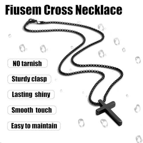 Fiusem Cross Necklace for Men, Stainless Steel Cross Pendant Jewelry Gift | Silver/Gold/Black Mens Cross Necklaces with 2.5mm Cross Chain, Box Chain 16-28 Inch - size: 16.0 Inches, style: Small Black cross: 1.2" * 0.7"