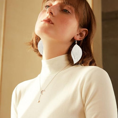 Handmade Bohemian Large Soft Genuine Leather Fringe Double Feather Dangle Drop Earrings Lightweight Simple Color PU Leaf Hook Earrings for Women - color: White