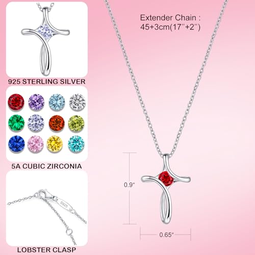 Cross Necklace for Women 925 Sterling Silver Birthstone Necklace for Women | Silver Necklaces with Diamond Sideways Birthstone Jewelry Gifts for Women 45+3cm Adjustable Chain - color: 01-Jan-Garnet