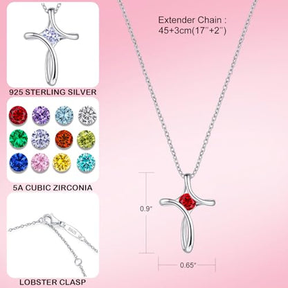 Cross Necklace for Women 925 Sterling Silver Birthstone Necklace for Women | Silver Necklaces with Diamond Sideways Birthstone Jewelry Gifts for Women 45+3cm Adjustable Chain - color: 01-Jan-Garnet