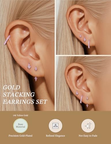3 Pairs Stackable Kite Stud Earrings Set for Women Trendy | Dainty Birthstone Stud Gold & 925 Sterling Silver Huggie Hoop Jacket Stack Earrings for Women 2026 - color: Silver-Pink Tourmaline
