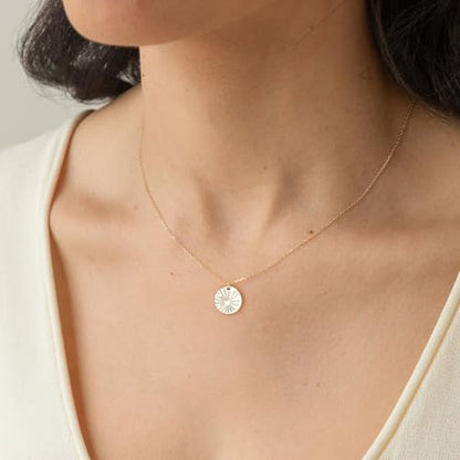 Dainty Gold Necklace: 14k Gold Plated Dianty Boots Bow Sun Moon Horse Evil Eye Conch Seahorse Necklace for Women 16.5"+2" - color: Sunshine Coin