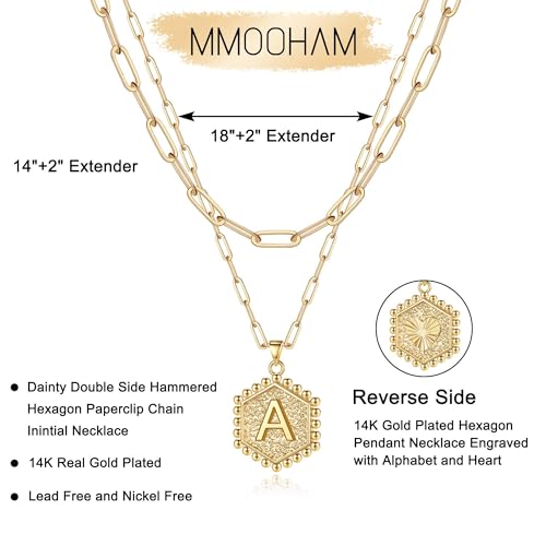 M MOOHAM Dainty Initial Necklaces for Women, 14K-Gold-Plated Layering Necklace for Women Cute Hexagon Letter Initial Necklace Layered Necklaces for Womens Teen Girl Gifts - color: 14K-Gold-Plated, style: B