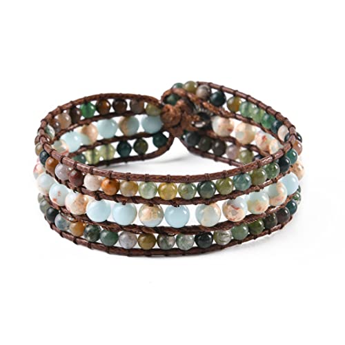 YGLINE Boho Handmade Natural Stone Bead 3 Row Wide Wrap Wrist Statment Bracelet Jewelry Collection - color: Serpentine stone