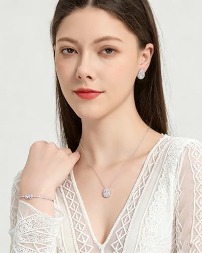 Teardrop Cubic Zirconia Jewelry Set Necklace Earrings Bracelet Bridal Wedding Jewelry for Women Bridesmaid Prom Party - color: 3 Set - White Gold Plated