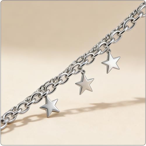 Women’s Star Bracelet Stainless Steel Link Chain, Double Layer Star Charm Bracelet for Women, Fashion Curb Bracelet Stackable Birthday Gift
