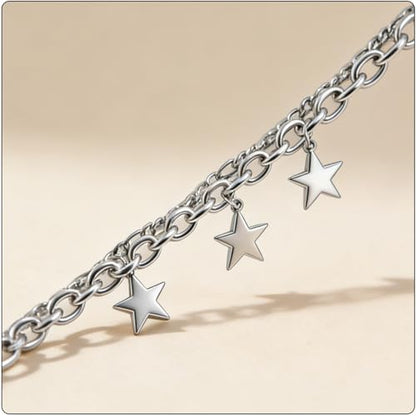 Women’s Star Bracelet Stainless Steel Link Chain, Double Layer Star Charm Bracelet for Women, Fashion Curb Bracelet Stackable Birthday Gift