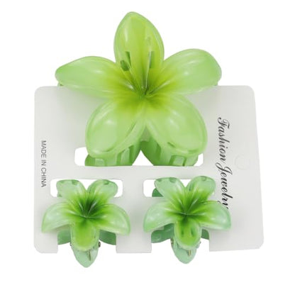 Flower Hair Claw Clip Set,1 Pc Large and 2 Pcs Small Hawaiian Plumeria Claw Clips,Beach Tropical Hair Accessories for Women (Green) - color: Green