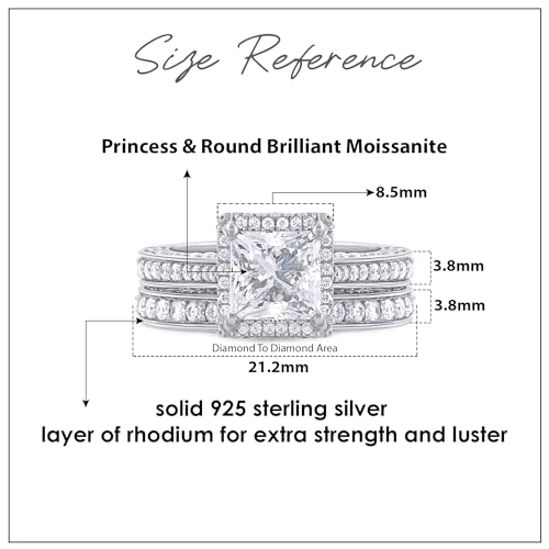 6MM Center Halo Princess Cut Bridal Set Engagement Ring for Women, 2 CT | Metal: Sterling Silver|Stone: Moissanite - color: White Gold