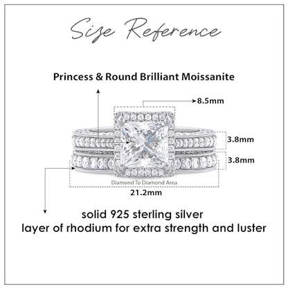 6MM Center Halo Princess Cut Bridal Set Engagement Ring for Women, 2 CT | Metal: Sterling Silver|Stone: Moissanite - color: White Gold