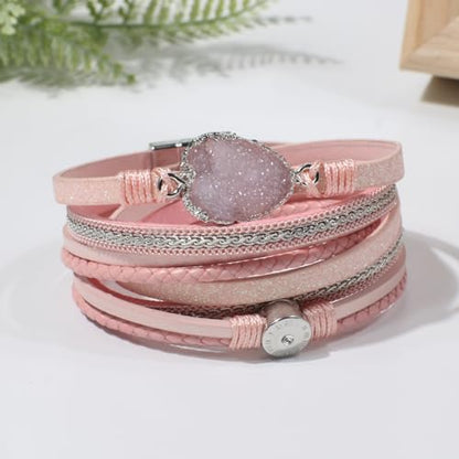 Artilady Leather Wrap Bracelet for Women, Pearl Beaded Bangle Stack Jewelry | Easy on-off, Elegant Handmade Multi-Layered, Daily Casual Date Beach Vacation, Gift for Ladies, Mother, Sister & Friend - style: Pink