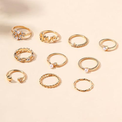 HUASAI Gold Stackable Rings Set for Women Boho Dainty Moon Star Pearl Leaf Cubic Zirconia Heart Midi Pinky Trendy Jewelry Birthday Gifts - color: K Gold Rings 10 Pcs