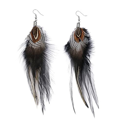 Bohemian Pheasant Peacock Long Feathers Statement Earrings Handmade Natural Lightweight Feather Dangle Earrings for Women (ea000071) - color: Silver Pheasant Black